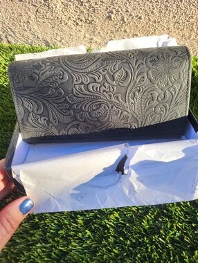 Access Denied Black Western Genuine Leather Embossed Accordion Long Wallet.